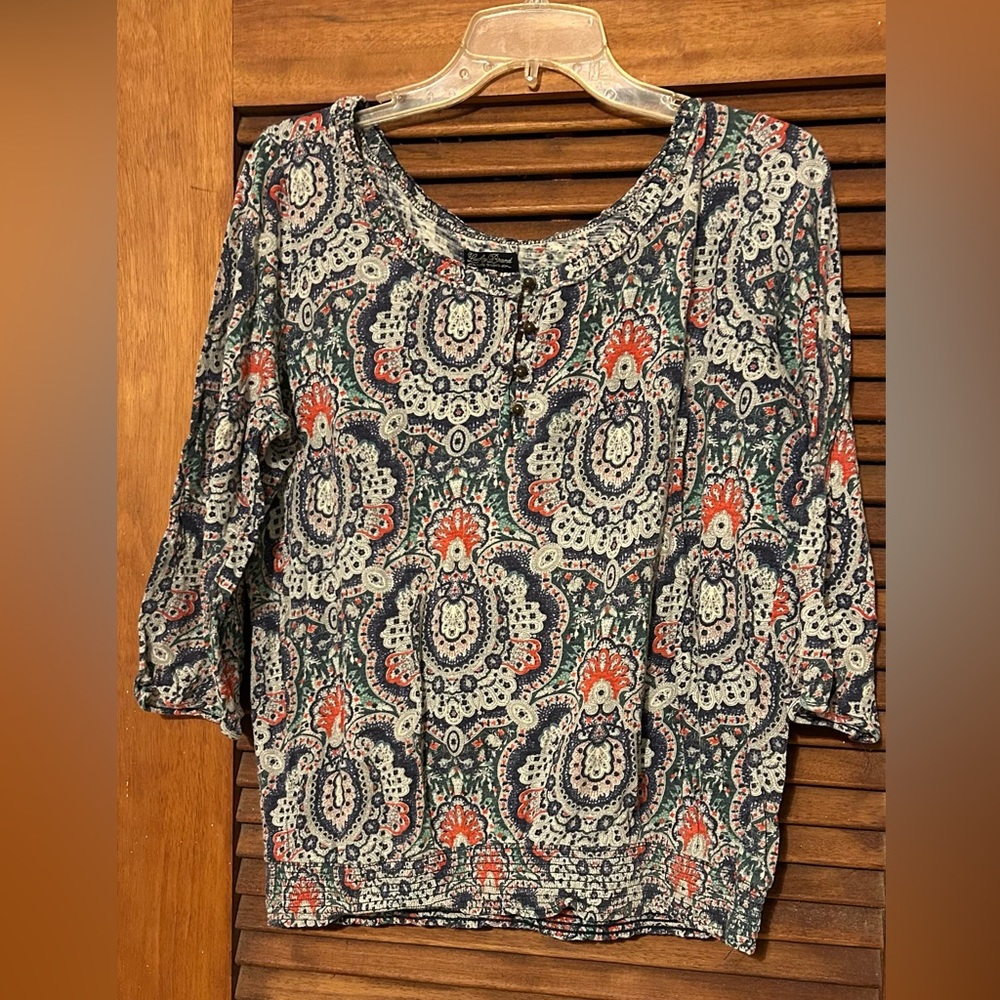 Lucky Brand Navy, Cream & Coral Paisley Button-Front Top